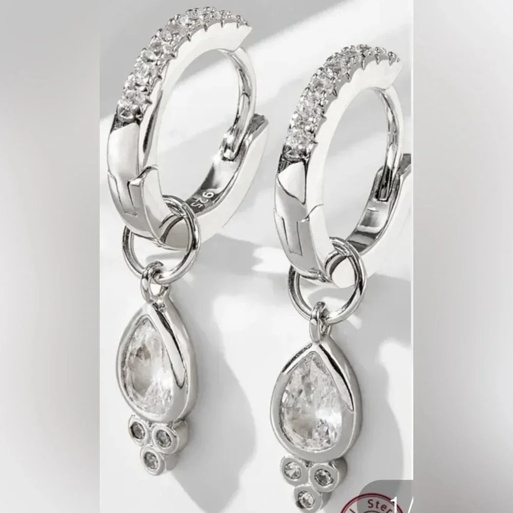 925 Sterling Silver White Gold Plated Rhodium Plated Drop Earrings - Picture 1 of 8